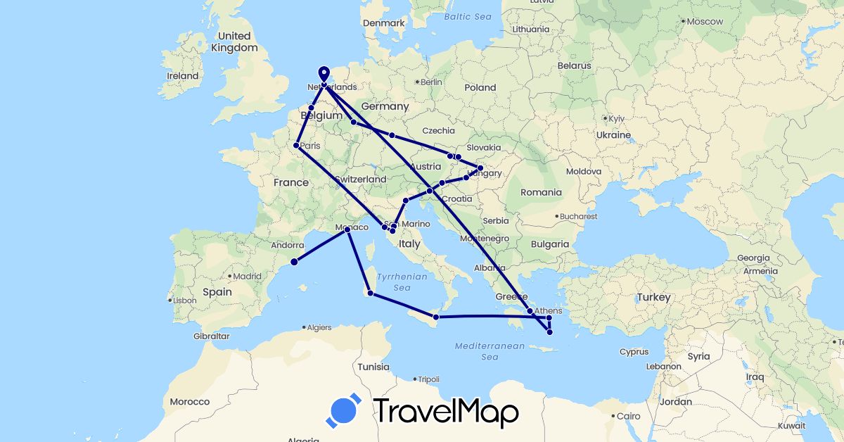 TravelMap itinerary: driving in Austria, Belgium, Germany, Spain, France, Greece, Hungary, Italy, Netherlands, Slovenia, Slovakia (Europe)